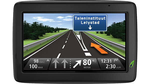 Screenshot navigatiesysteem met tekst Taleninstituut Lelystad aangegeven - in kleur op transparante achtergrond - 600 * 337 pixels
